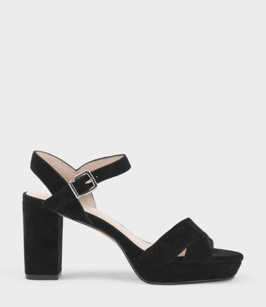 Edward Meller Women's Rowan80 Black Suede Asymmetrical Platform Sandals