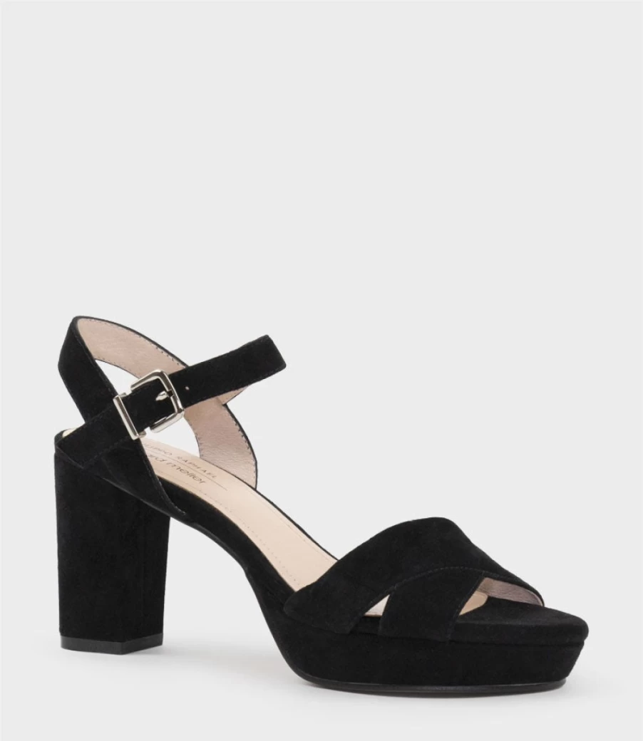 Edward Meller Women's Rowan80 Black Suede Asymmetrical Platform Sandals