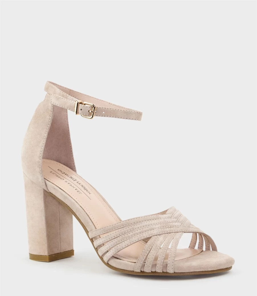 Edward Meller Women's Karina85 Multistrap Block Heel Sandals in Blush Suede