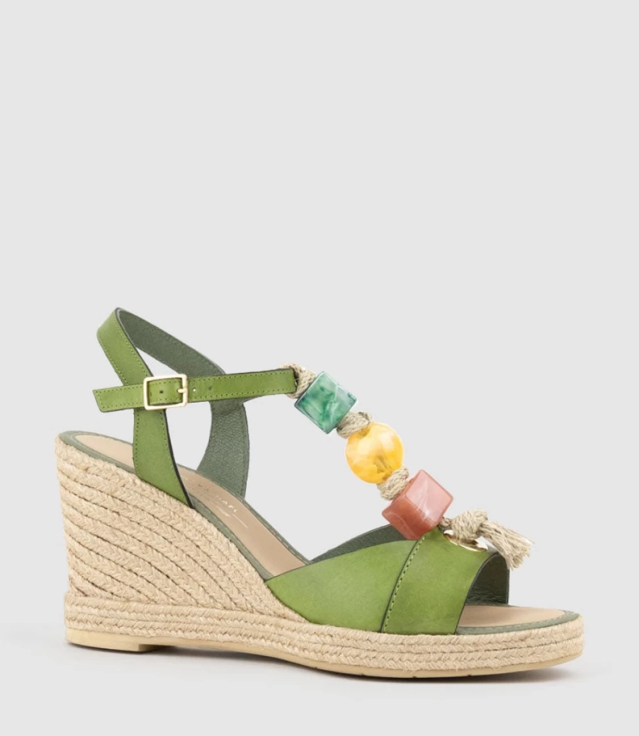 Edward Meller Women's Green Mille Bauble T-Bar Espadrille High Heel Sandals