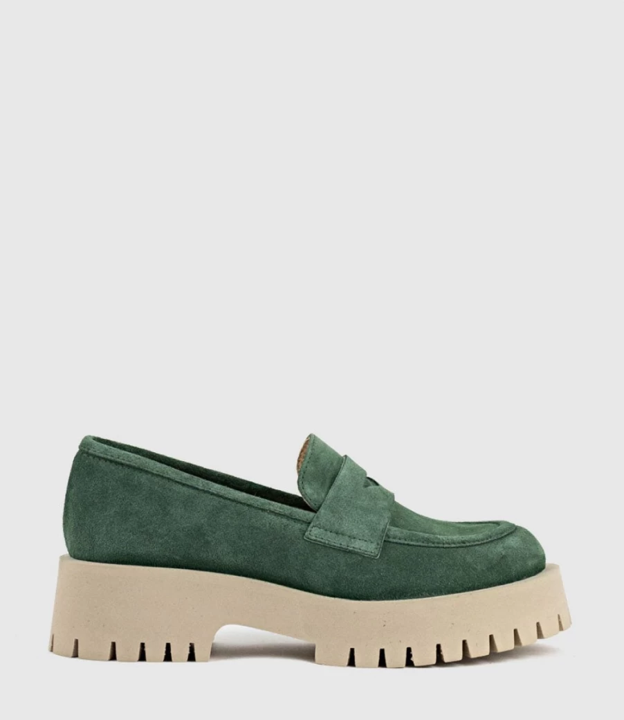 Edward Meller Women's Green Suede Greville Loafers with Lug Sole
