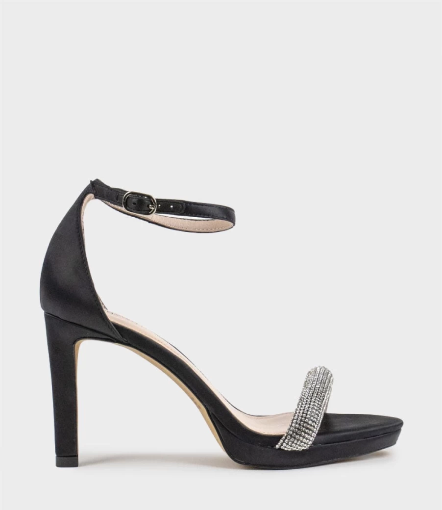 Edward Meller Women's Satina90 Black Satin Platform Sandal with Diamond Band