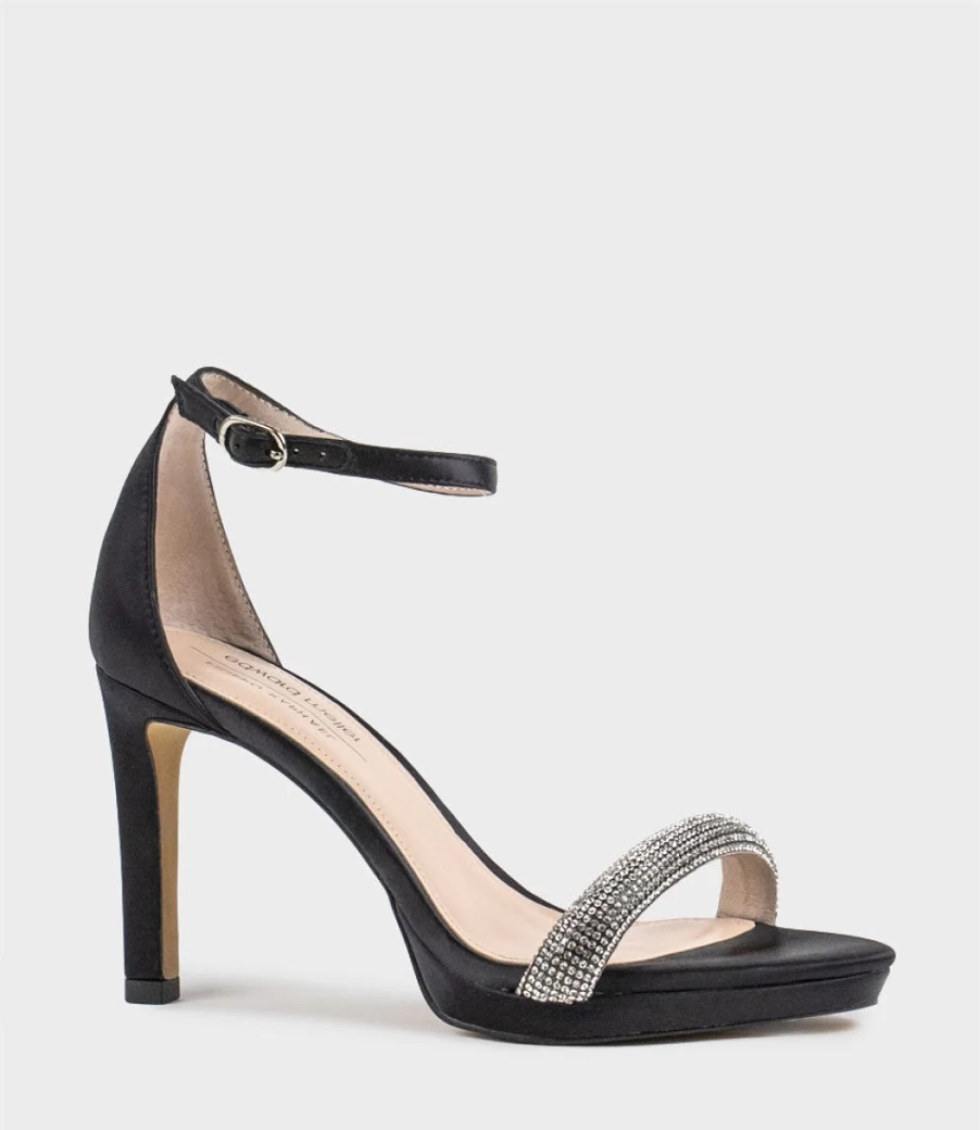 Edward Meller Women's Satina90 Black Satin Platform Sandal with Diamond Band