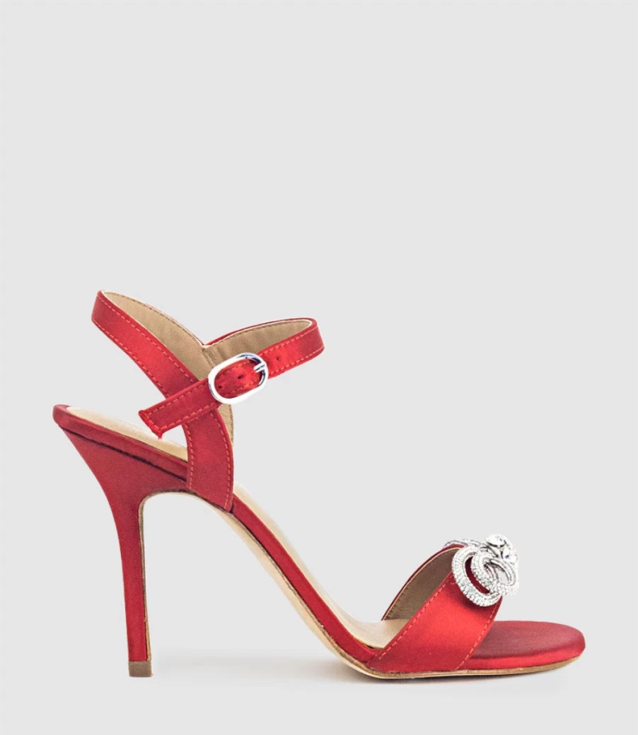 Edward Meller Women's Serene100 Red Satin Sandals with Crystal Bow Detail