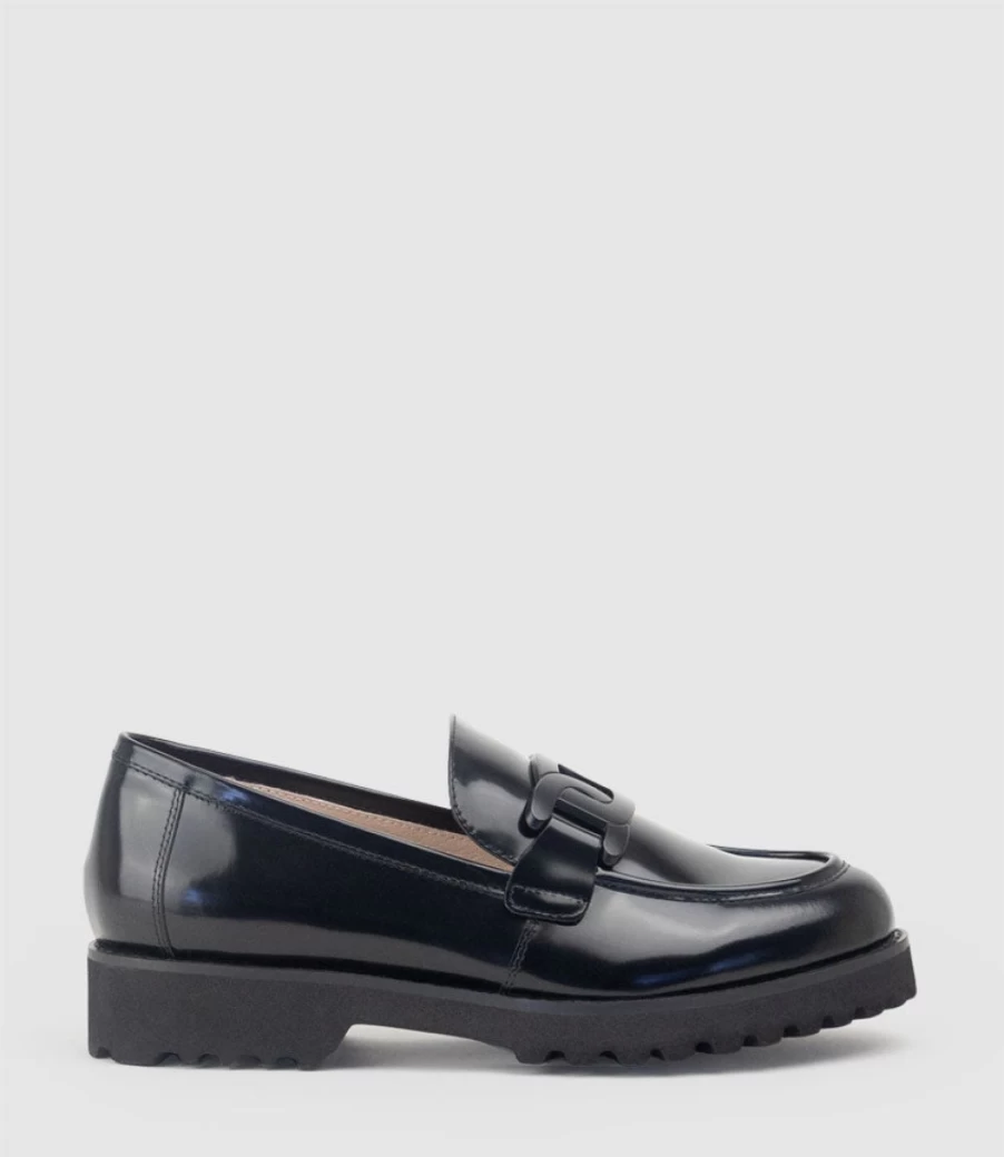 Edward Meller Women's Galad Black High Shine Moccasin Shoes with Hardware