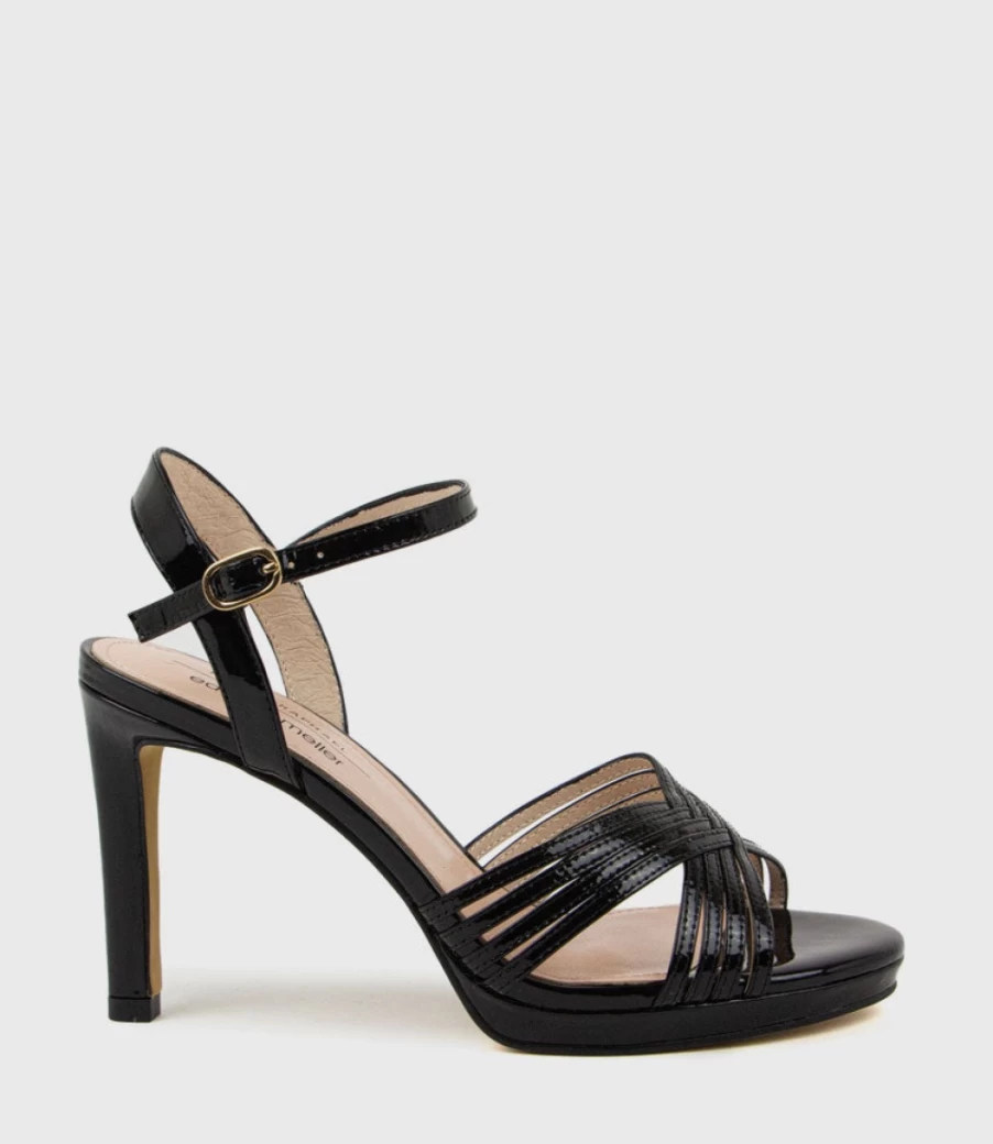 Edward Meller Women's Sona90 Black Patent Leather Cross Strap Platform Sandals