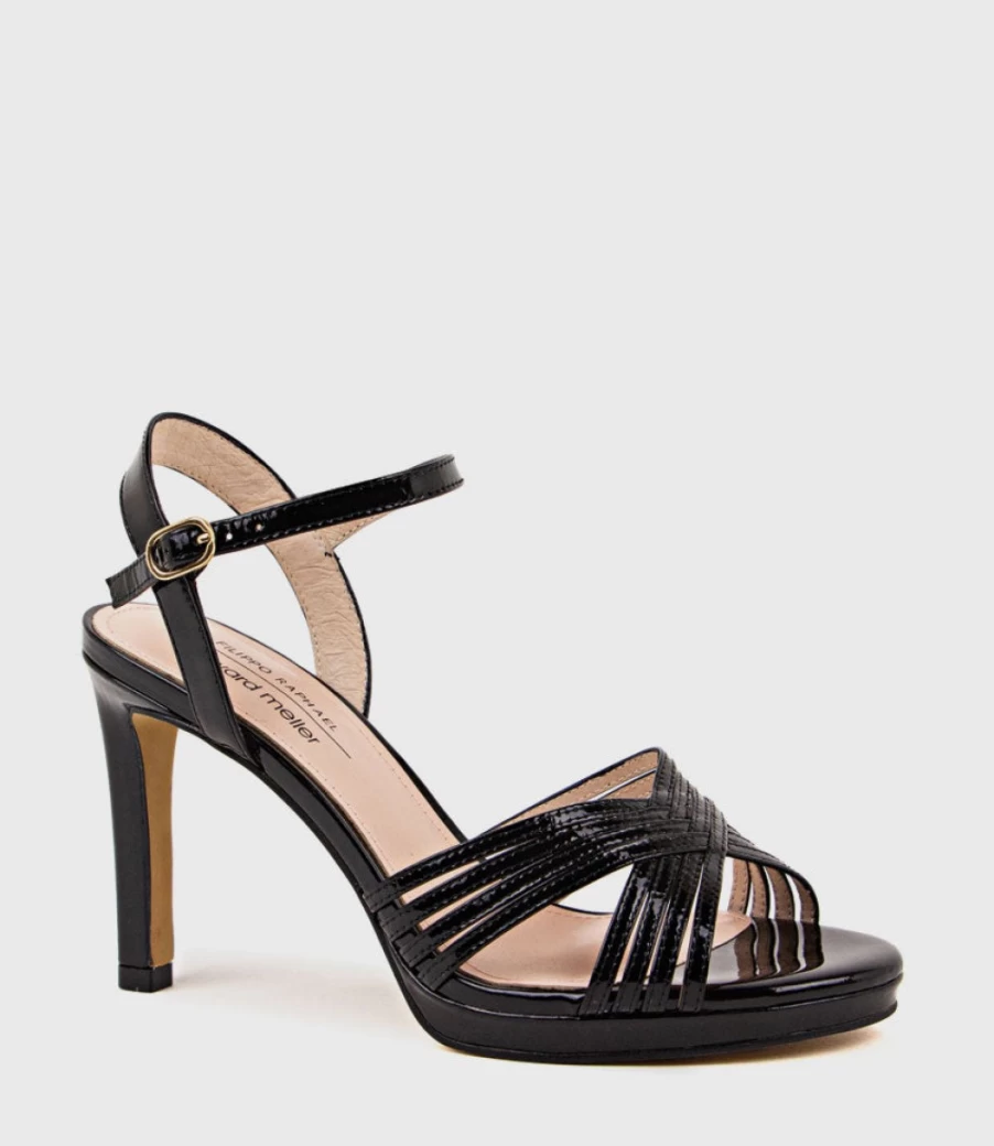 Edward Meller Women's Sona90 Black Patent Leather Cross Strap Platform Sandals