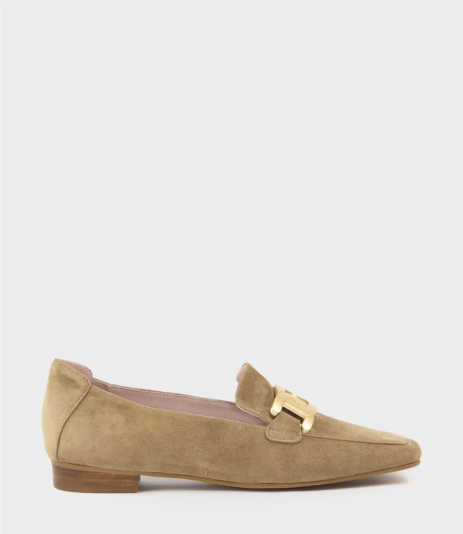 Edward Meller Women's Grady Camel Suede Moccasin with Hardware Detail