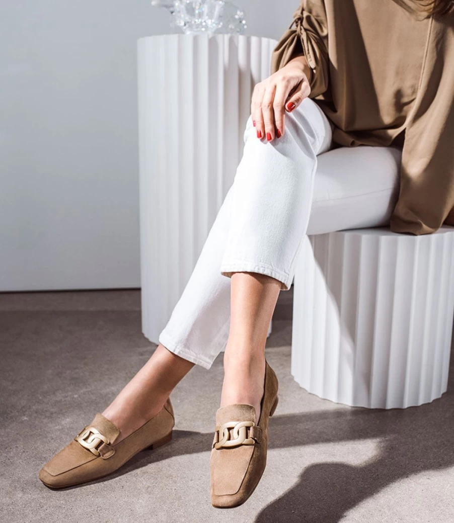 Edward Meller Women's Grady Camel Suede Moccasin with Hardware Detail