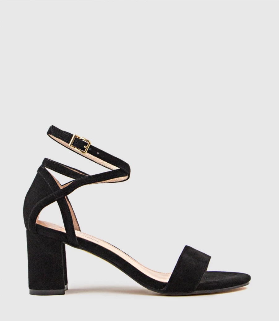 Edward Meller Women's Kenia 60 Black Suede Block Heel Sandals with Hourglass Ankle Wrap