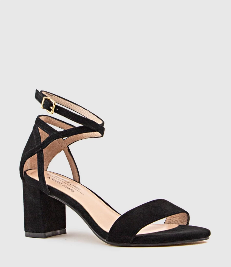Edward Meller Women's Kenia 60 Black Suede Block Heel Sandals with Hourglass Ankle Wrap