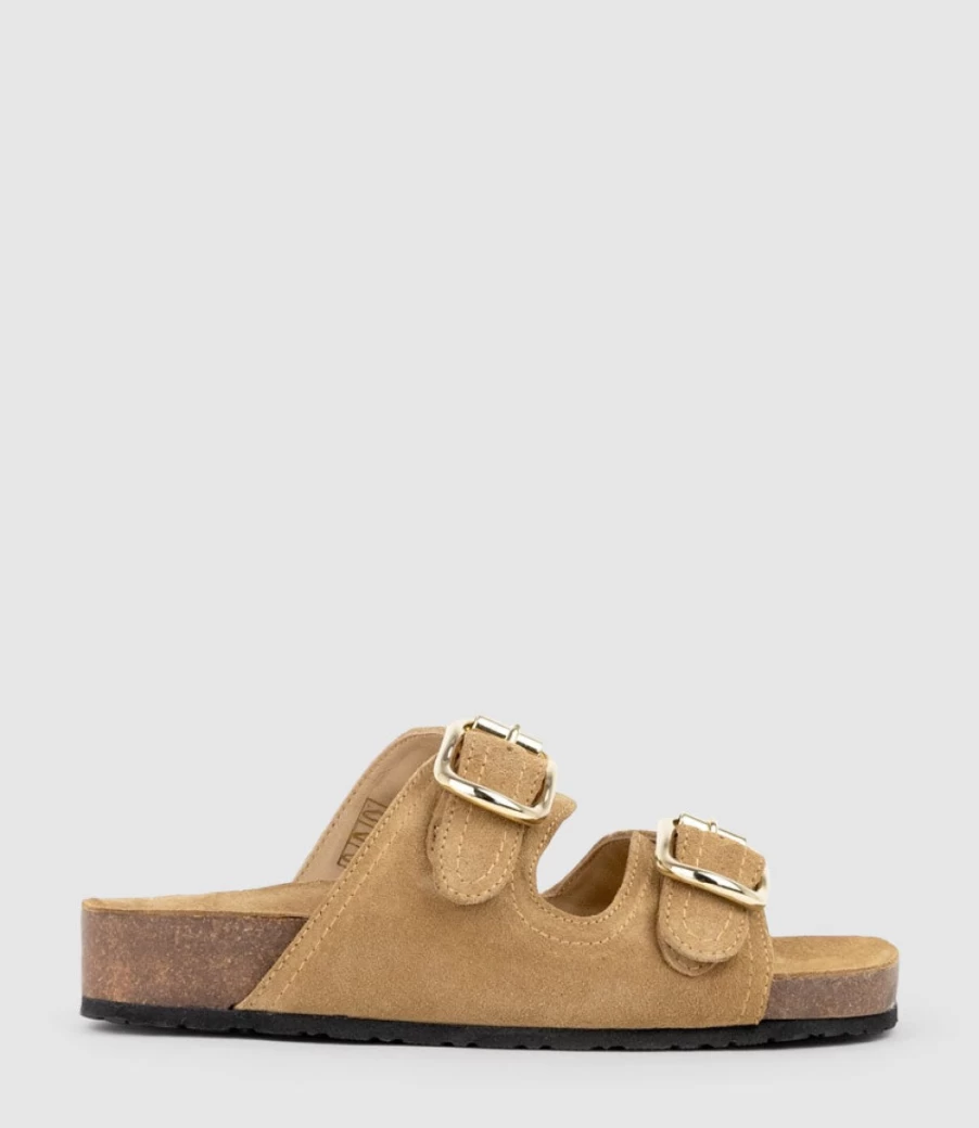 Edward Meller Women's Kori Tan Suede Two-Strap Slide Sandals with Footbed