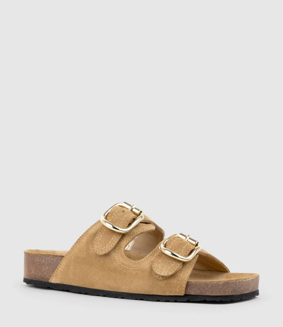 Edward Meller Women's Kori Tan Suede Two-Strap Slide Sandals with Footbed