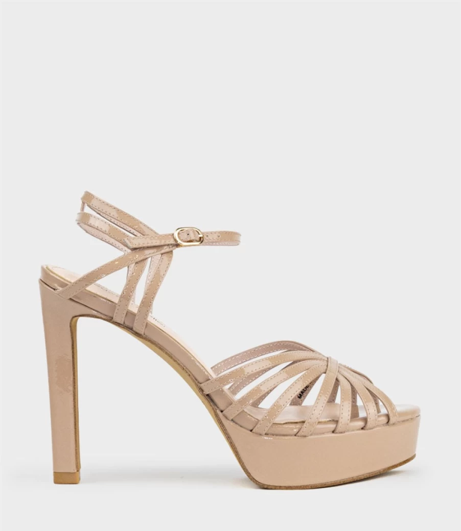 Edward Meller Women's Syria110 Multistrap Platform Sandal in Nude Patent Leather