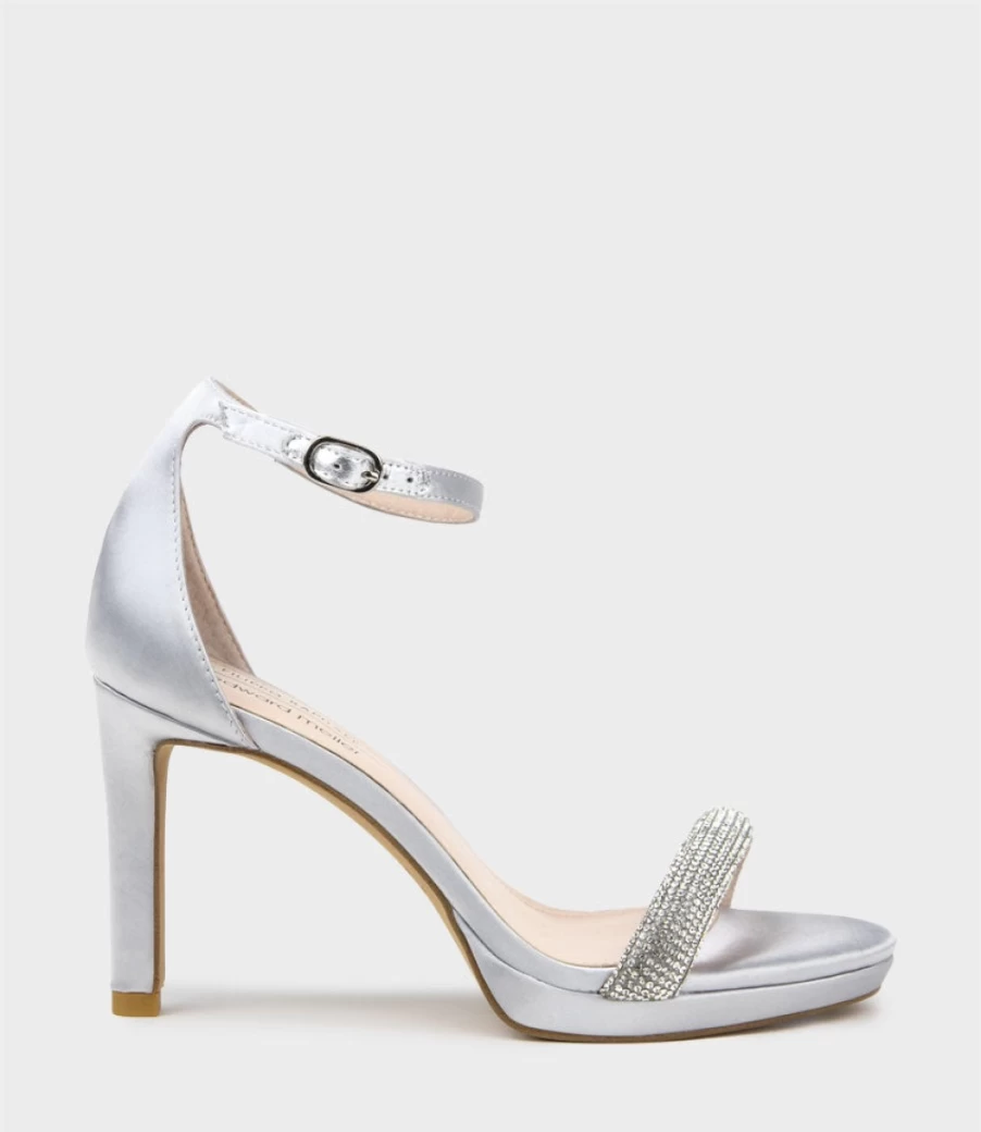 Edward Meller Women's Satina90 Silver Satin Platform Sandal with Diamond Band