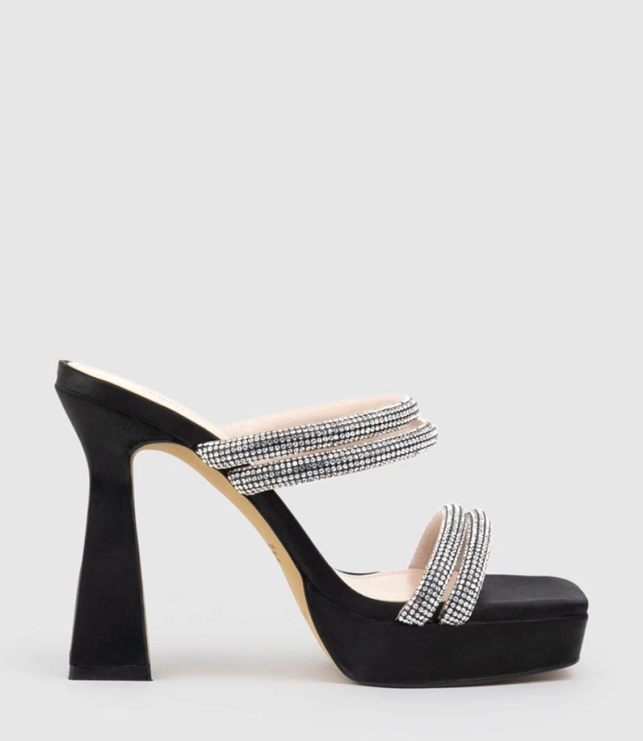 Edward Meller Women's Isla110 Diamante Multi-Band Platform Slide Sandals in Black Satin