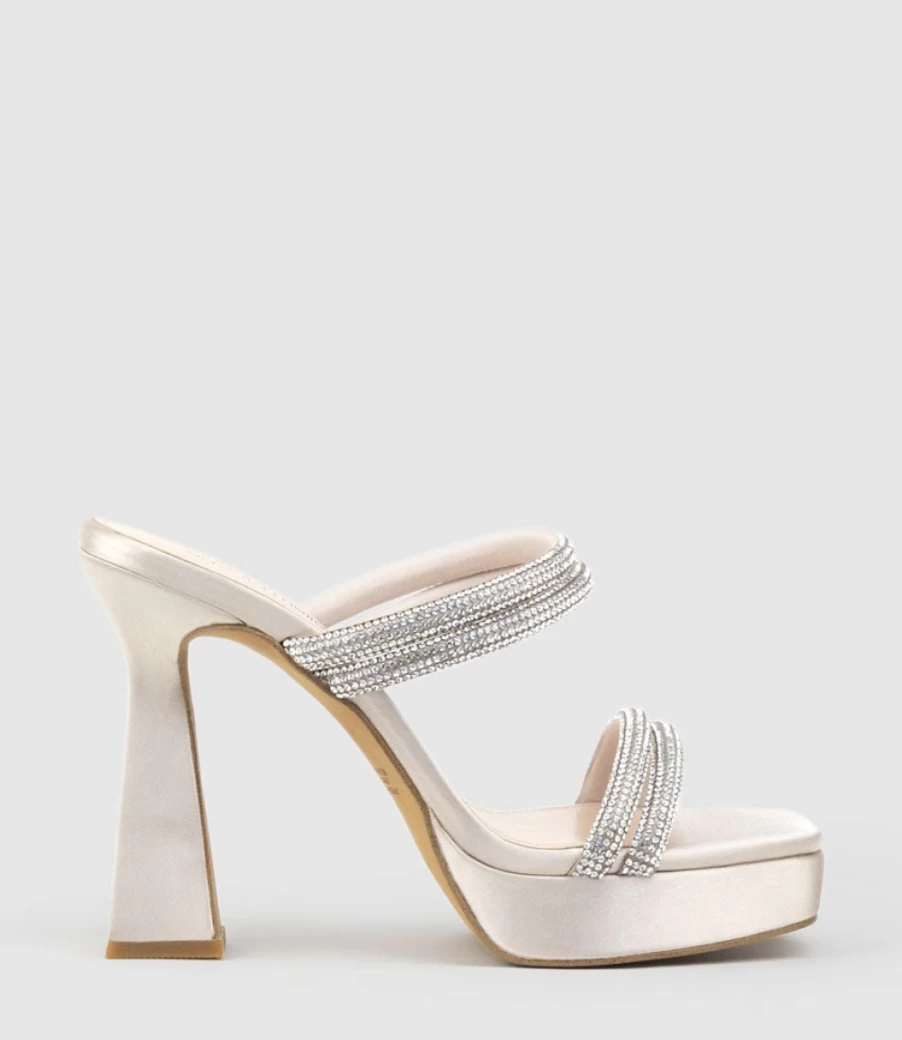 Edward Meller Women's Isla110 Diamante Multi-Band Platform Slide Sandals in Champagne Satin