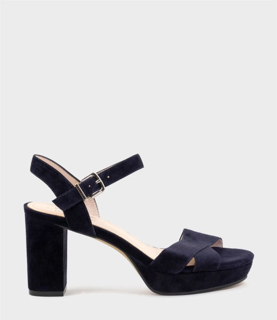 Edward Meller Women's Rowan 80 Navy Suede Asymmetrical Platform Sandals