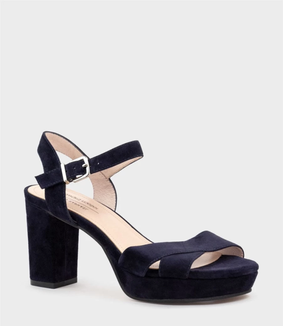 Edward Meller Women's Rowan 80 Navy Suede Asymmetrical Platform Sandals