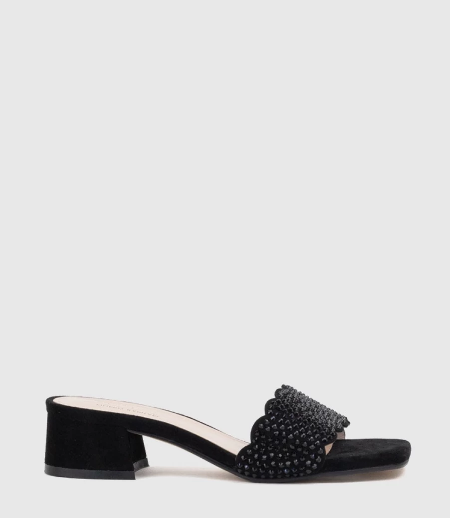 Edward Meller Women's Kyla35 Black Suede Slide Sandals with Crystal Accents