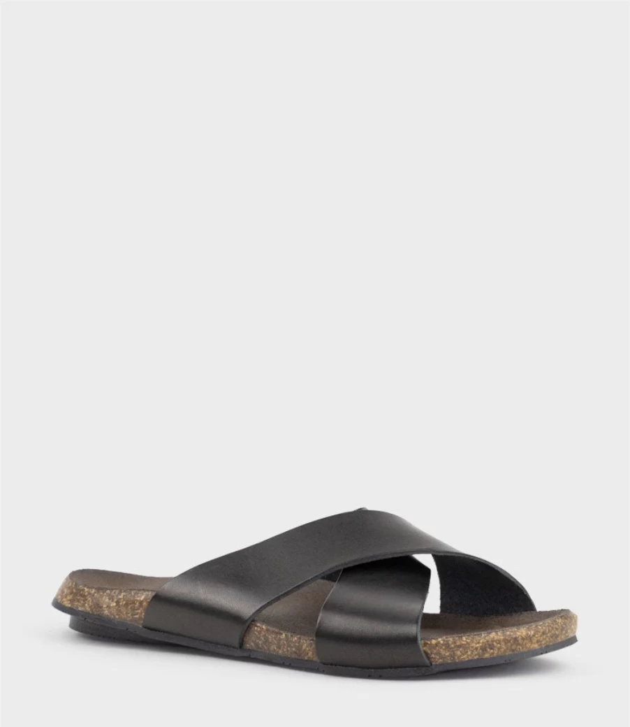 Edward Meller Women's Kumi Crossover Slide Sandals with Footbed in Black