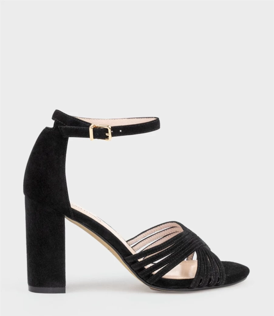 Edward Meller Women's Karina85 Black Suede Multistrap Block Heel Sandals