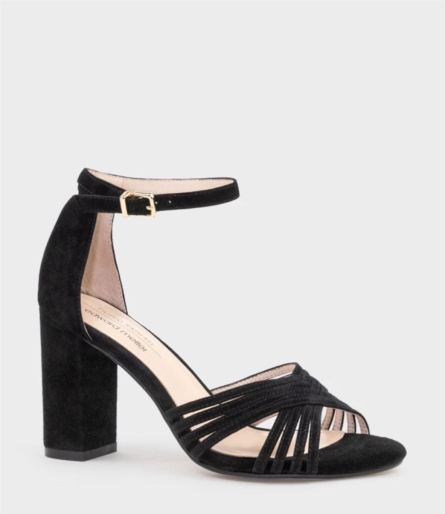 Edward Meller Women's Karina85 Black Suede Multistrap Block Heel Sandals