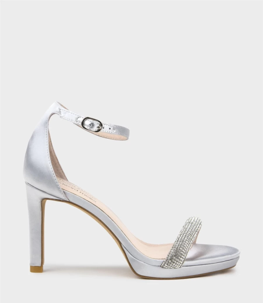 Edward Meller Women's Satina90 Silver Satin Platform Sandal with Diamond Band