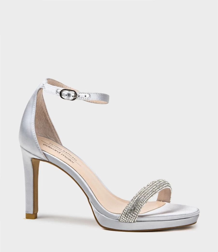 Edward Meller Women's Satina90 Silver Satin Platform Sandal with Diamond Band
