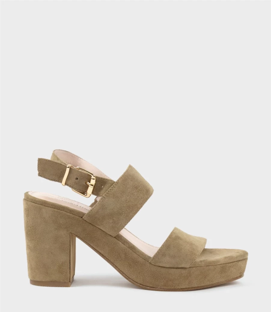Edward Meller Women's Ramy80 Two Strap Suede Sandals in Camel with Self-Covered Unit