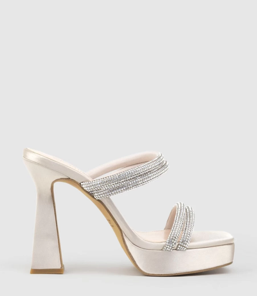 Edward Meller Women's Isla110 Diamante Multi-Band Platform Slide Sandals in Champagne Satin
