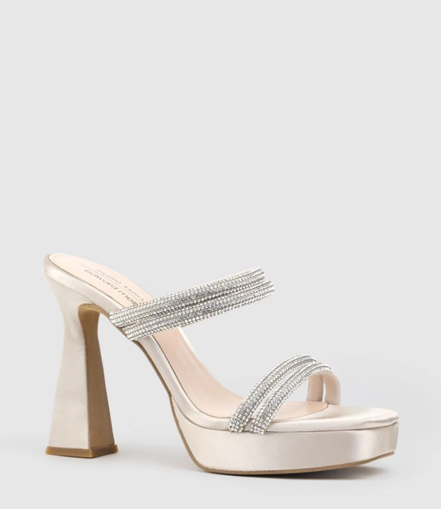 Edward Meller Women's Isla110 Diamante Multi-Band Platform Slide Sandals in Champagne Satin