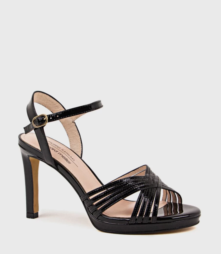 Edward Meller Women's Sona90 Black Patent Cross Strap Platform Sandals