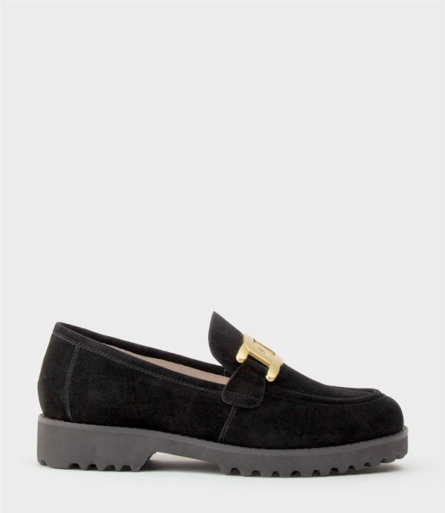 Edward Meller Women's Galad Black Suede Moccasin with Hardware Detail