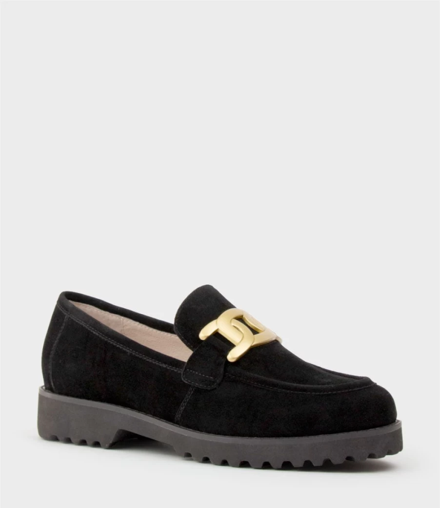 Edward Meller Women's Galad Black Suede Moccasin with Hardware Detail