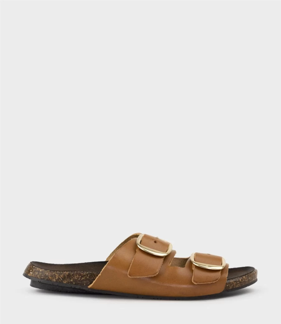 Edward Meller Women's Kamala Buckled Slide Sandals in Tan - Comfortable Footbed