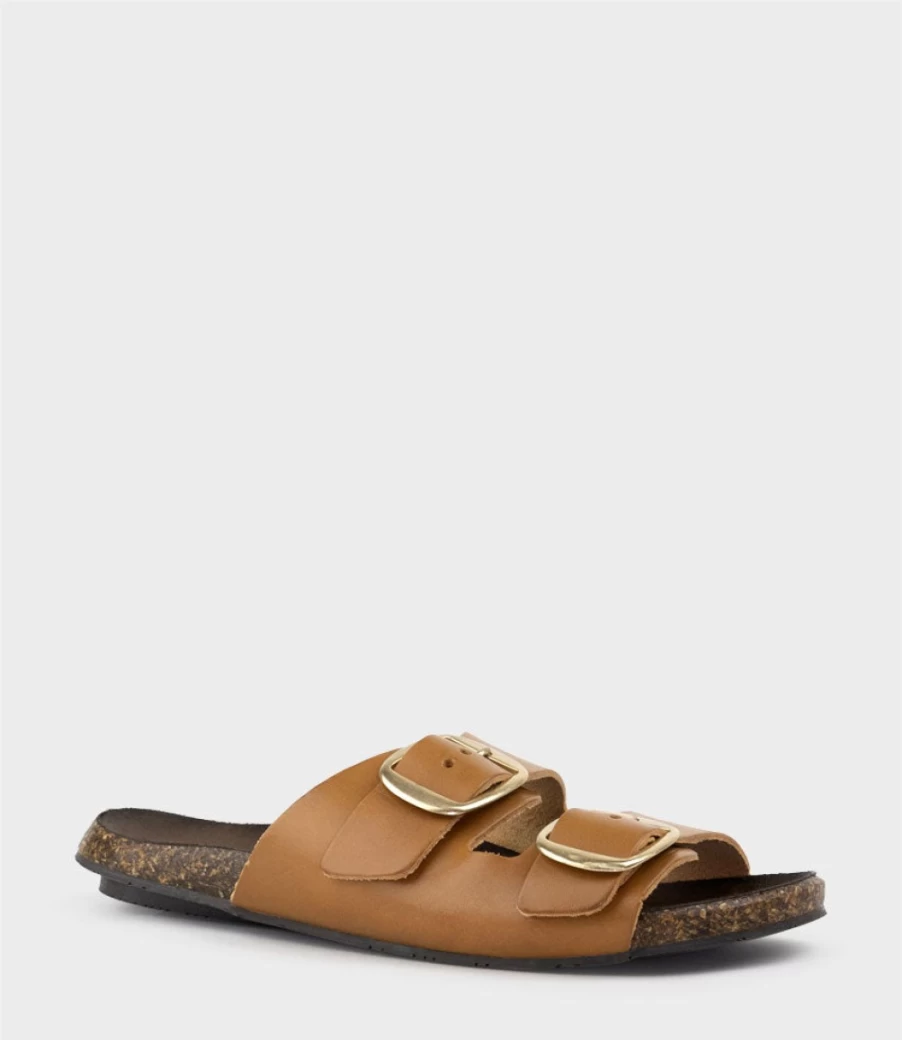 Edward Meller Women's Kamala Buckled Slide Sandals in Tan - Comfortable Footbed