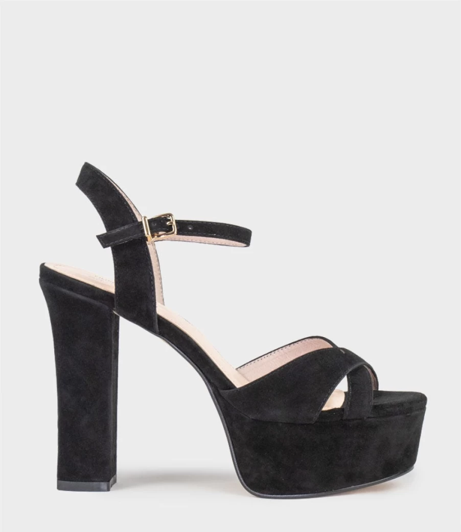 Edward Meller Women's Ramona125 Black Suede Inverted Crossover Platform Sandals
