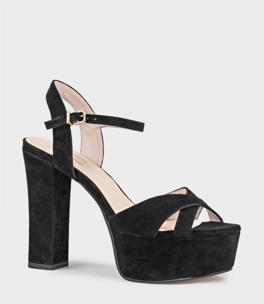 Edward Meller Women's Ramona125 Black Suede Inverted Crossover Platform Sandals