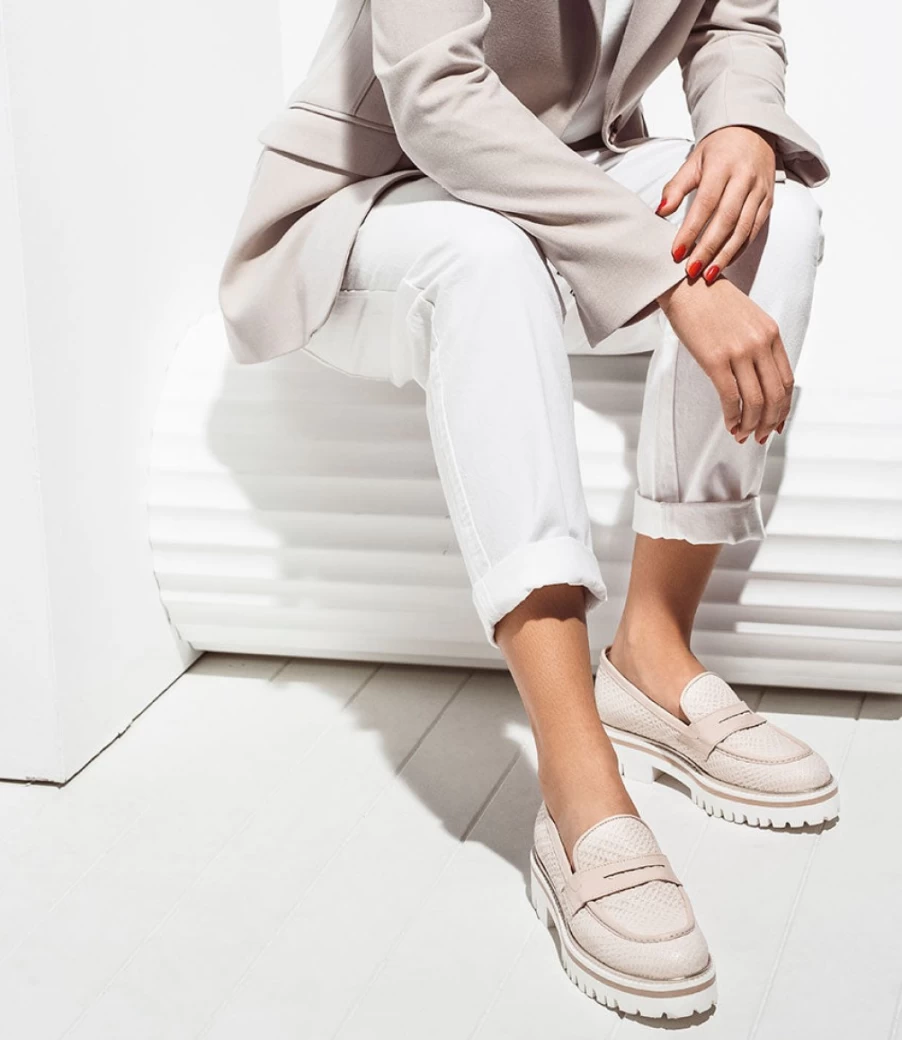 Edward Meller Women's Gigi Embossed Moccasin in Nude - Stylish & Comfortable Unit Heel Shoes