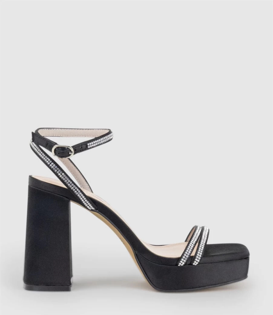 Edward Meller Women's Rasso95 Black Satin Platform Sandals with Diamante Straps