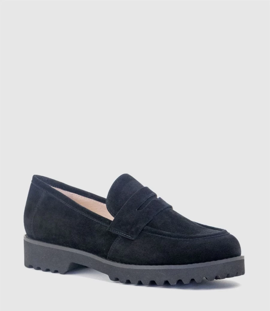 Edward Meller Women's Gentry Chunky Suede Moccasins with Eva Sole in Black