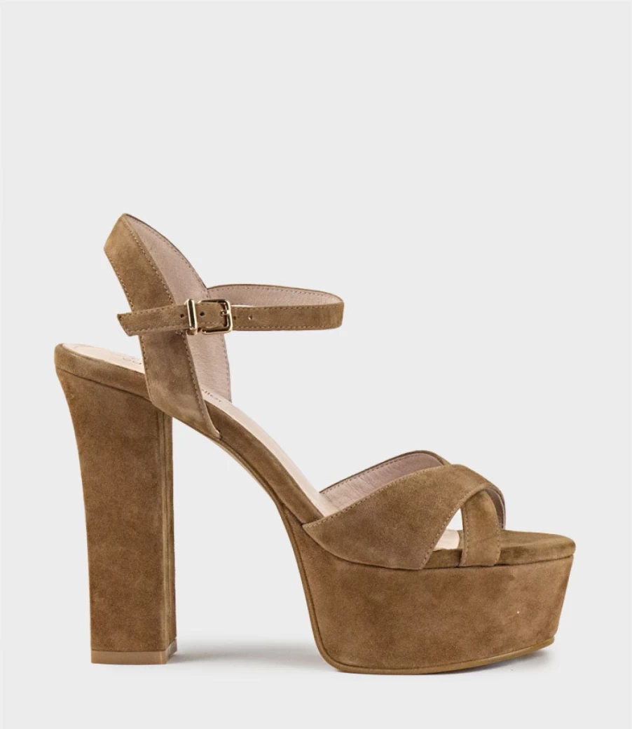 Edward Meller Women's Ramona125 Inverted Crossover Platform Sandals in Tawny Suede