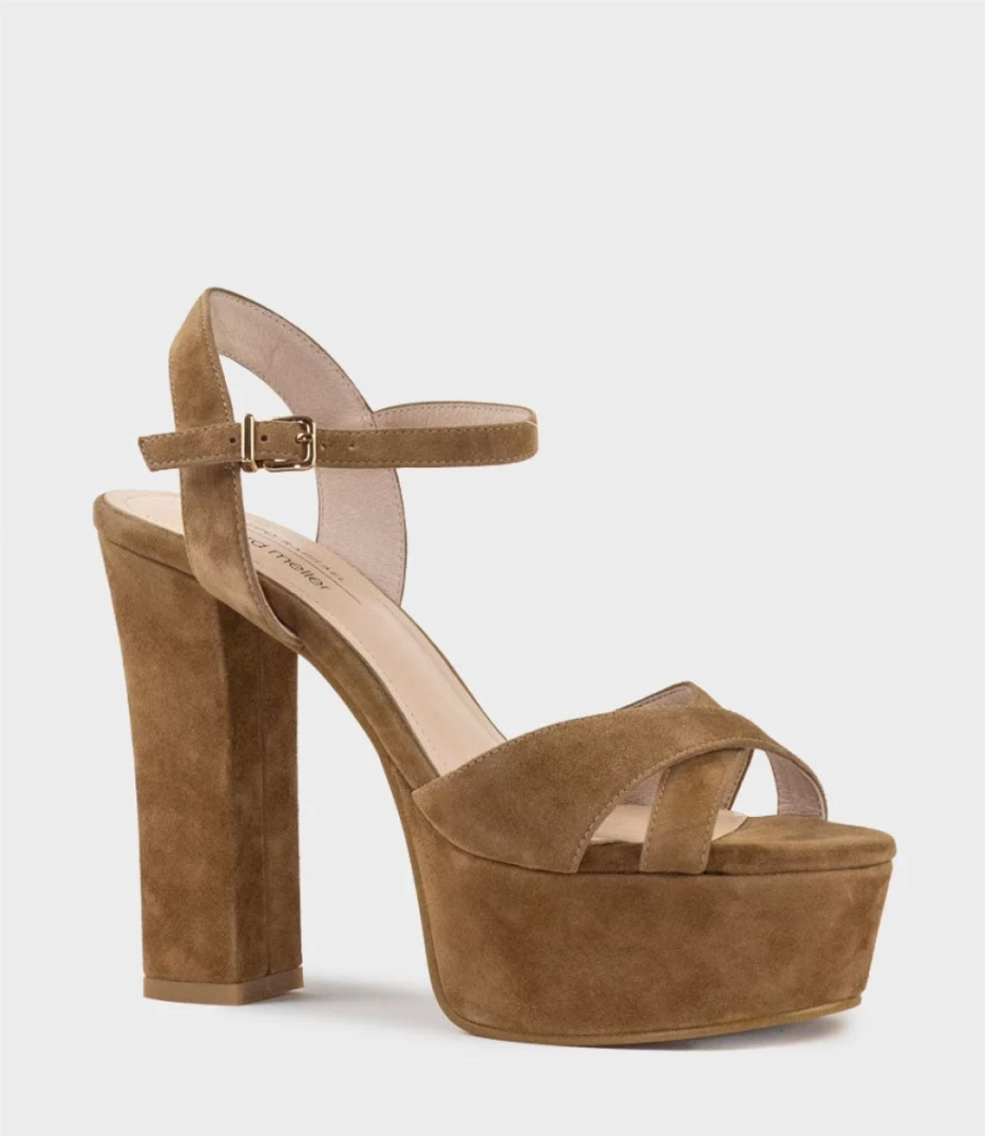 Edward Meller Women's Ramona125 Inverted Crossover Platform Sandals in Tawny Suede