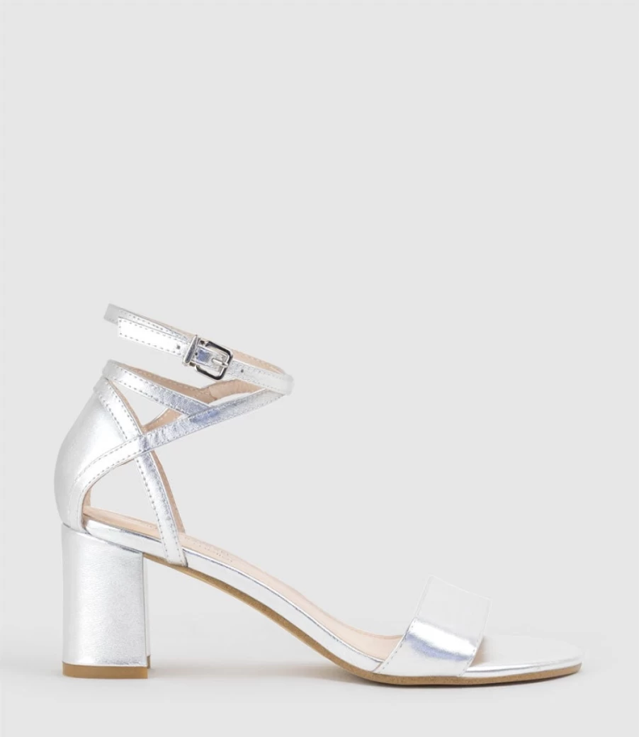 Edward Meller Women's Kenia 60 Silver Block Heel Sandals with Hourglass Ankle Wrap
