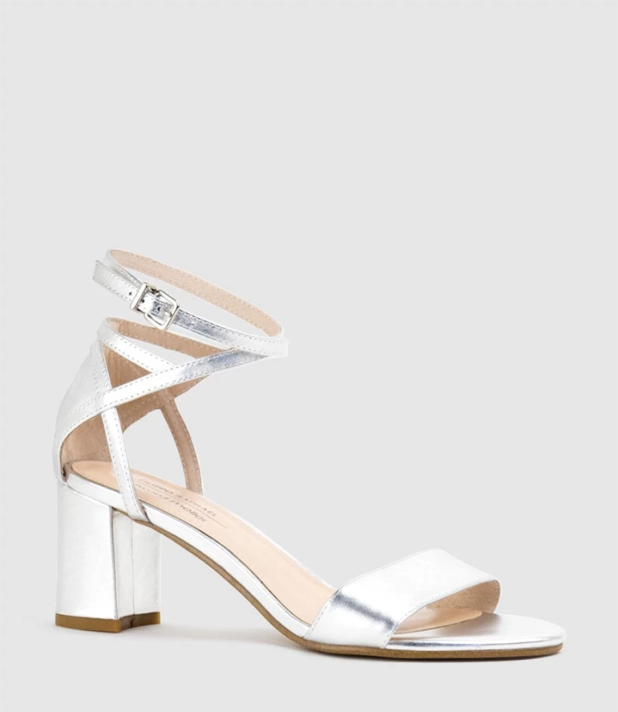 Edward Meller Women's Kenia 60 Silver Block Heel Sandals with Hourglass Ankle Wrap
