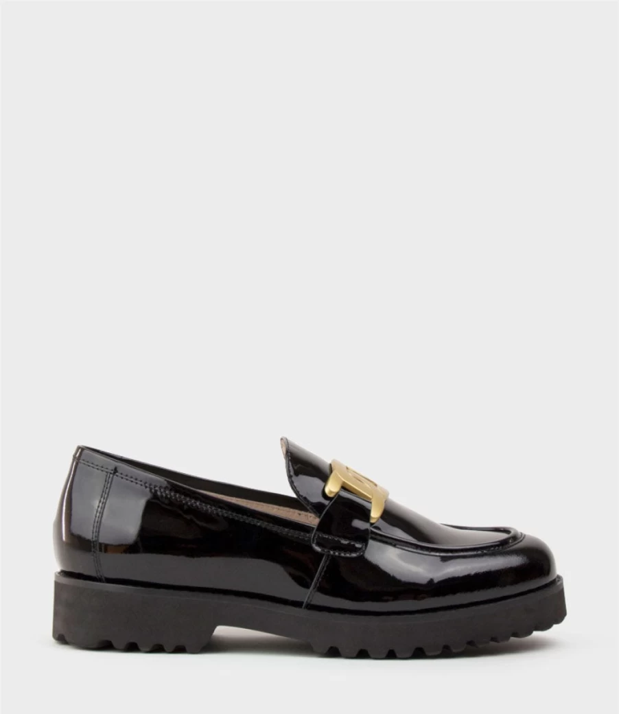 Edward Meller Women's Galad Black Patent Leather Moccasins with Hardware Detail