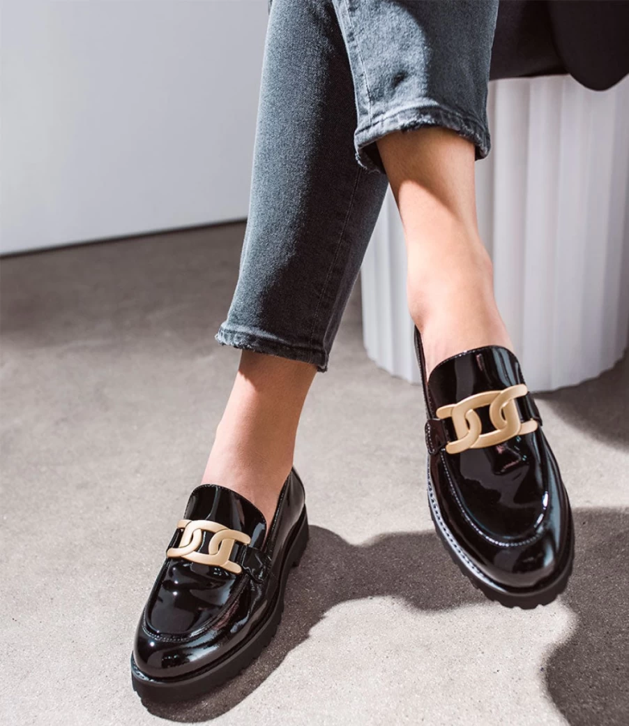 Edward Meller Women's Galad Black Patent Leather Moccasins with Hardware Detail