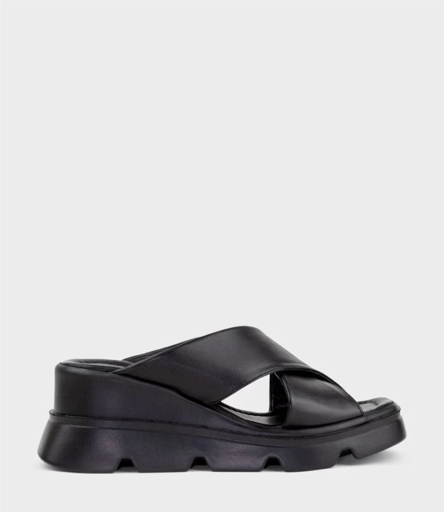 Edward Meller Women's Hannah Black Crossover Slide Sandals with Exaggerated Unit