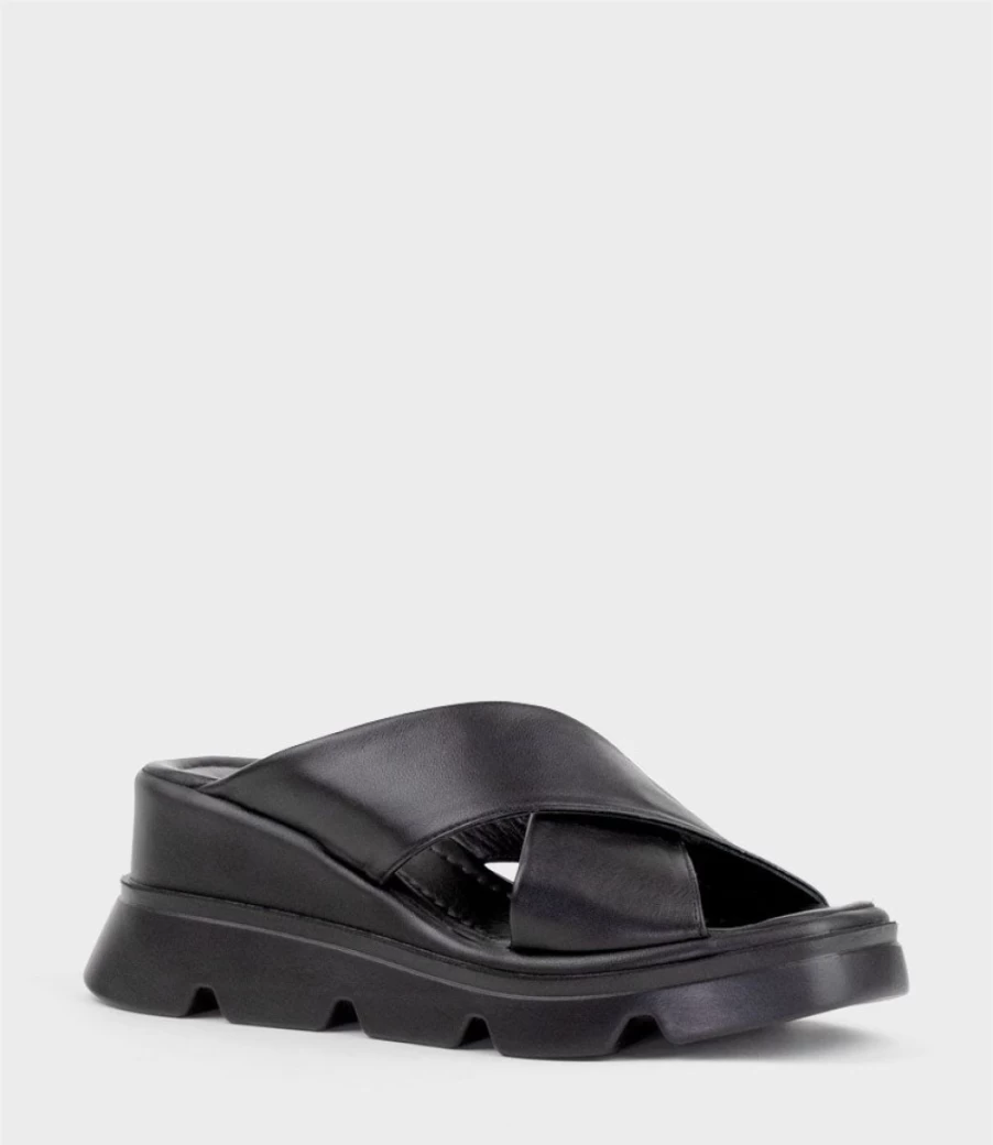 Edward Meller Women's Hannah Black Crossover Slide Sandals with Exaggerated Unit